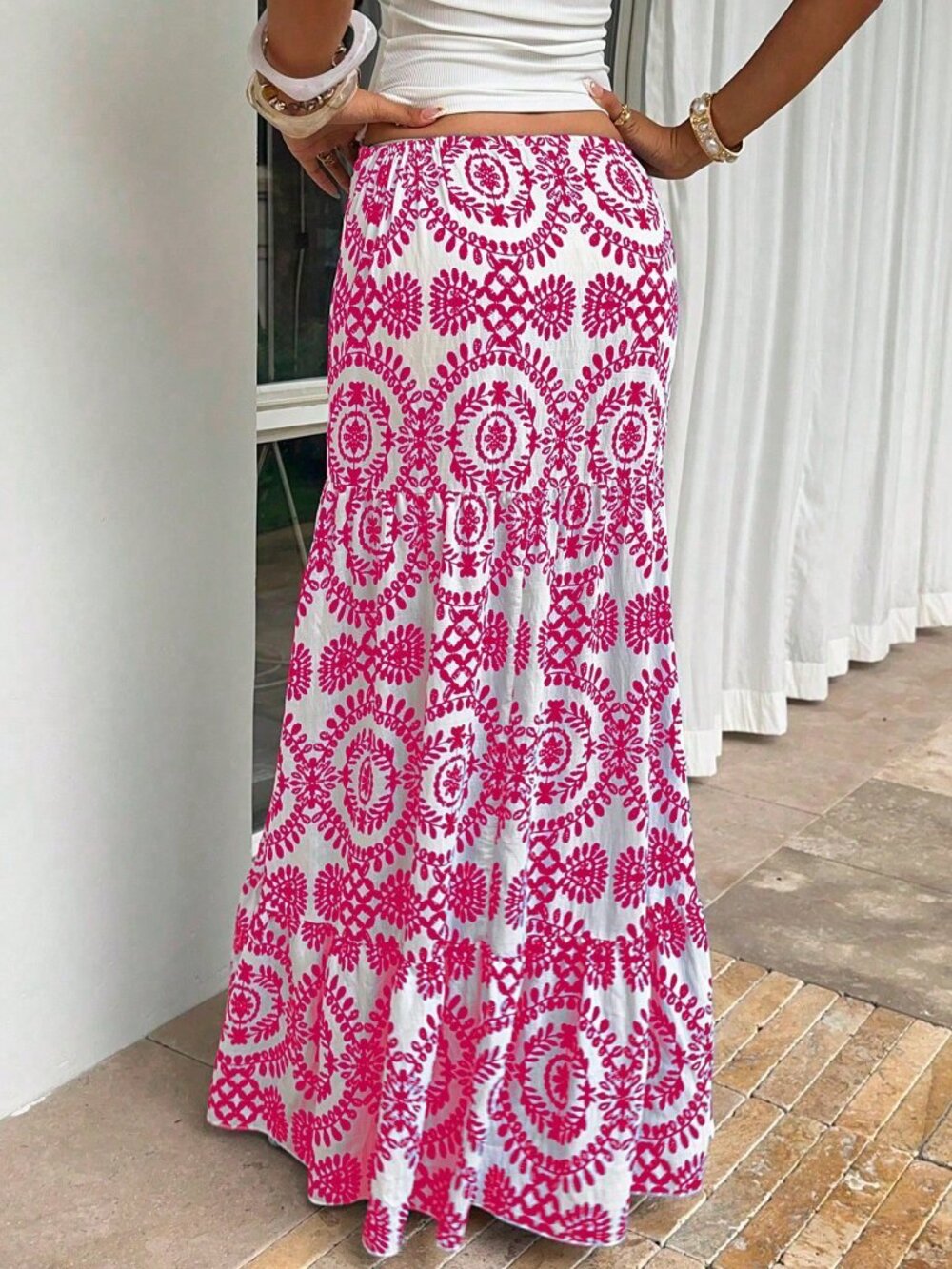 Hot Pink Boho Women's Vacation Plant Print Elastic Waist Ruffle Hem Casual Skirt - Picture 2 of 5